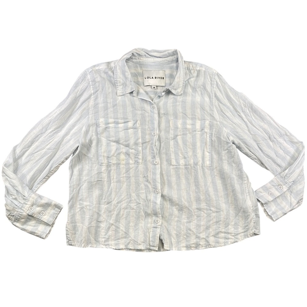 Lola River Linen Blend Striped Button Down Shirt Light Blue White Womens Medium